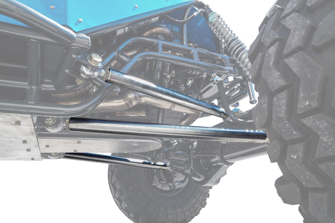 Aluminum suspension links in use on a blue rock crawler buggy
