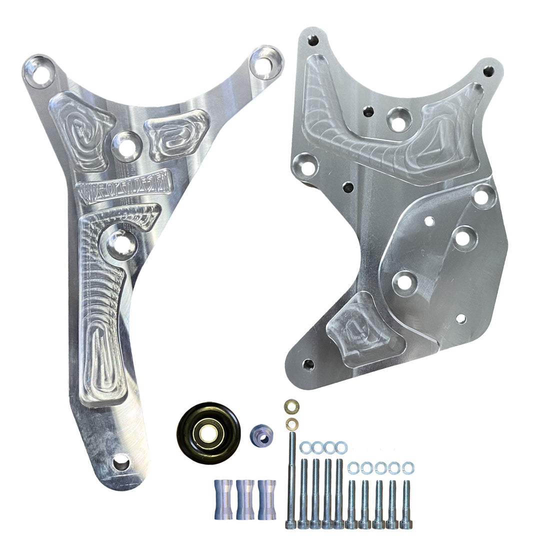 ls power steering relocation brackets with screws and washers on a white background