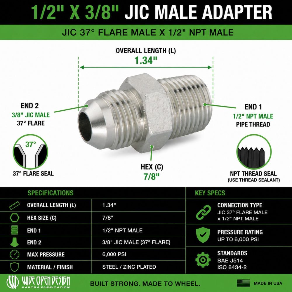 Technical product diagram of a 1/2" x 3/8" JIC male adapter with labeled dimensions, thread details, and specifications on a green, white, and black background.