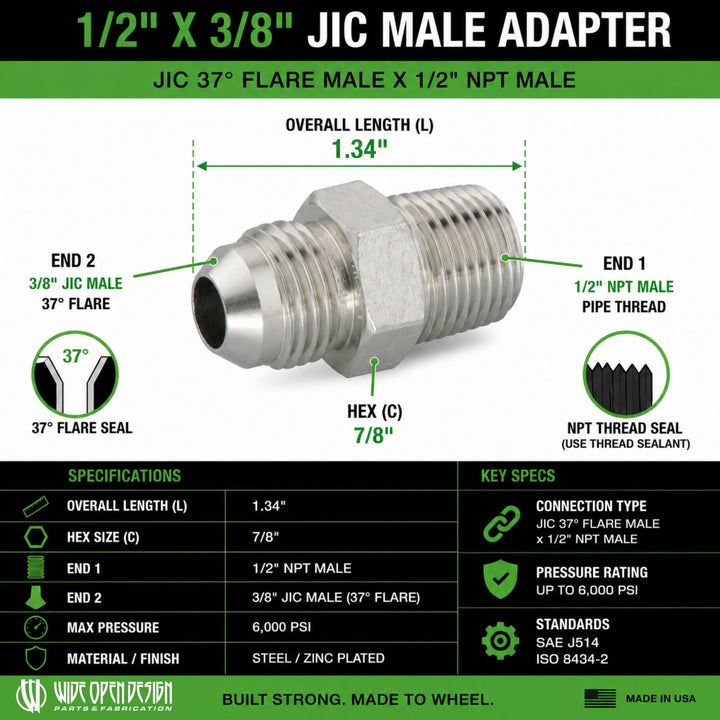 Technical product diagram of a 1/2" x 3/8" JIC male adapter with labeled dimensions, thread details, and specifications on a green, white, and black background.