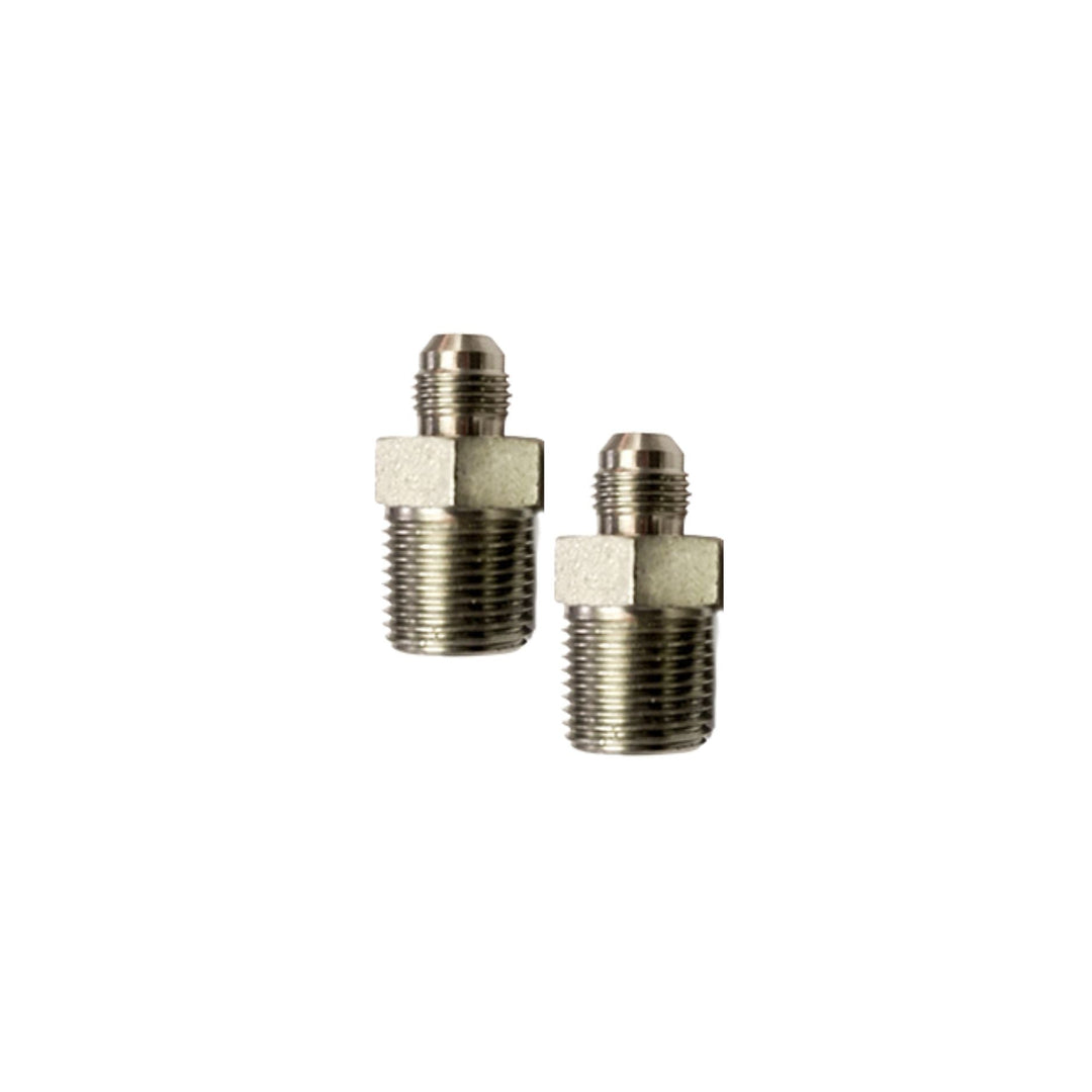 Two 1/2 NPT o -6 AN  plumbing fittings on a white background