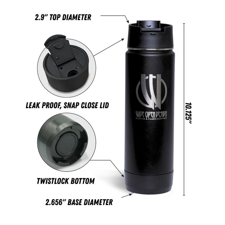 Black spill resistant twist lock tumbler with measurements and features on a white background