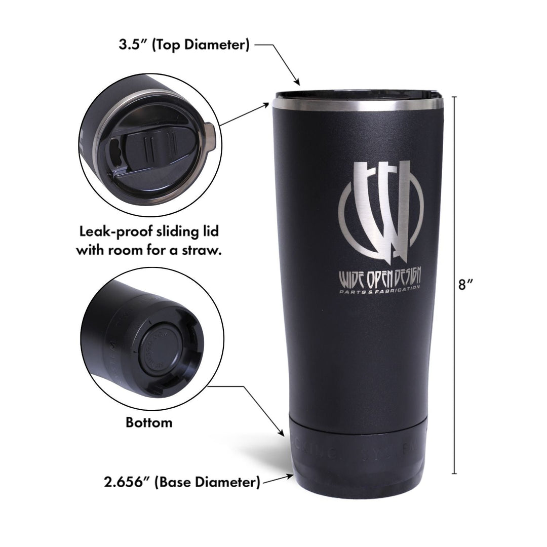 insulated off road tumbler with twist lock lid with measurements and features labeled on a white background