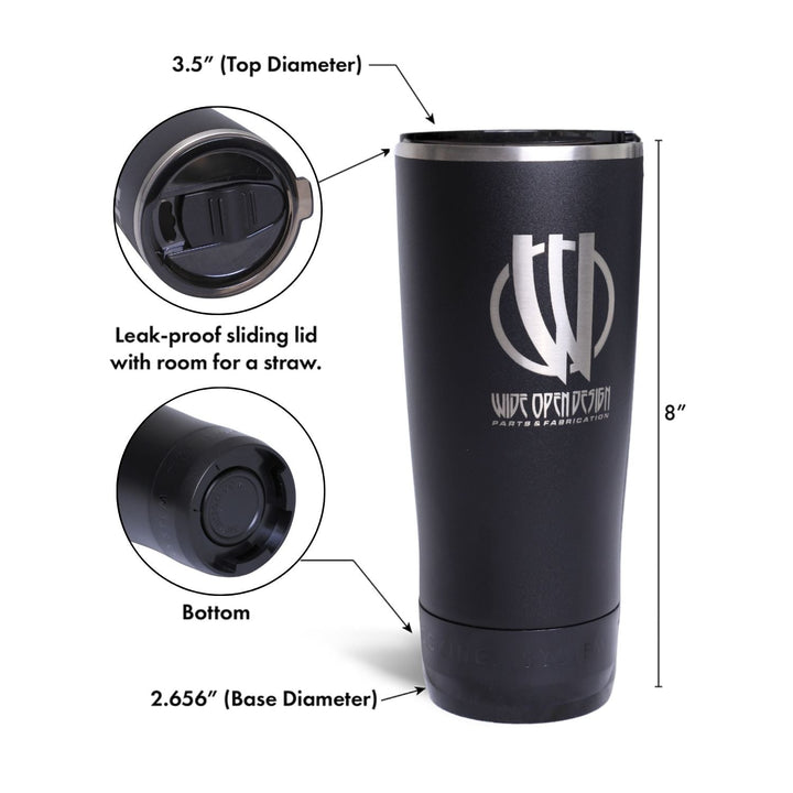 insulated off road tumbler with twist lock lid with measurements and features labeled on a white background