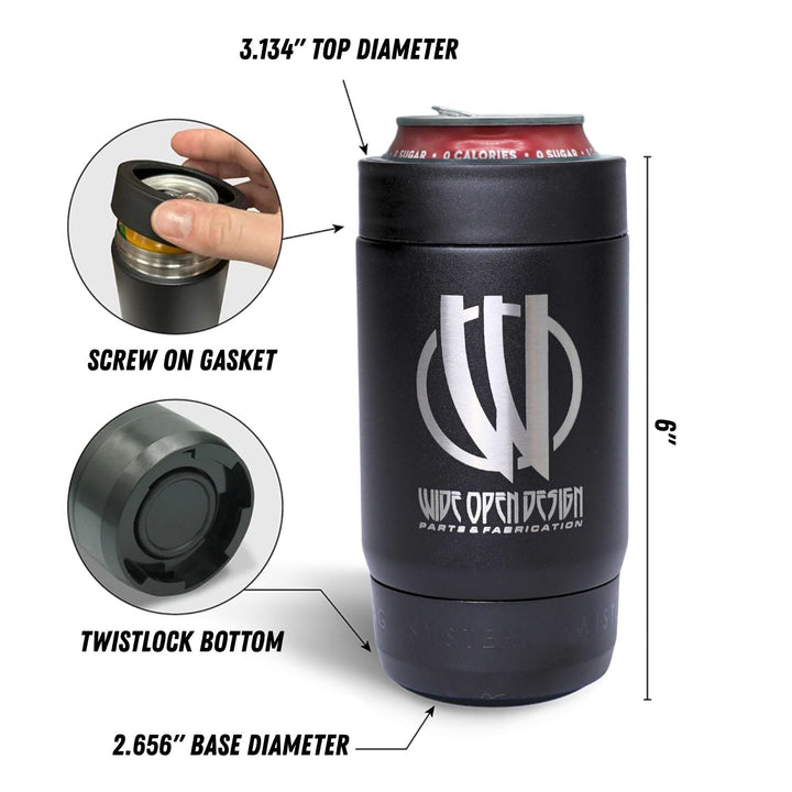 insulated twist lock can cooler for rock crawling and camping with measurements and features on a white background