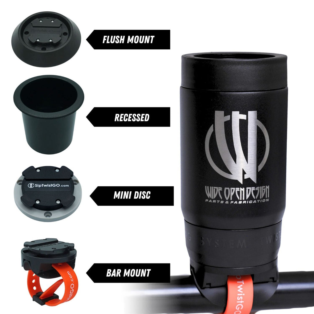 overland twist lock drinkware system with tumbler can cooler and bottle with mounting options and Wide Open Design branding on a white background.