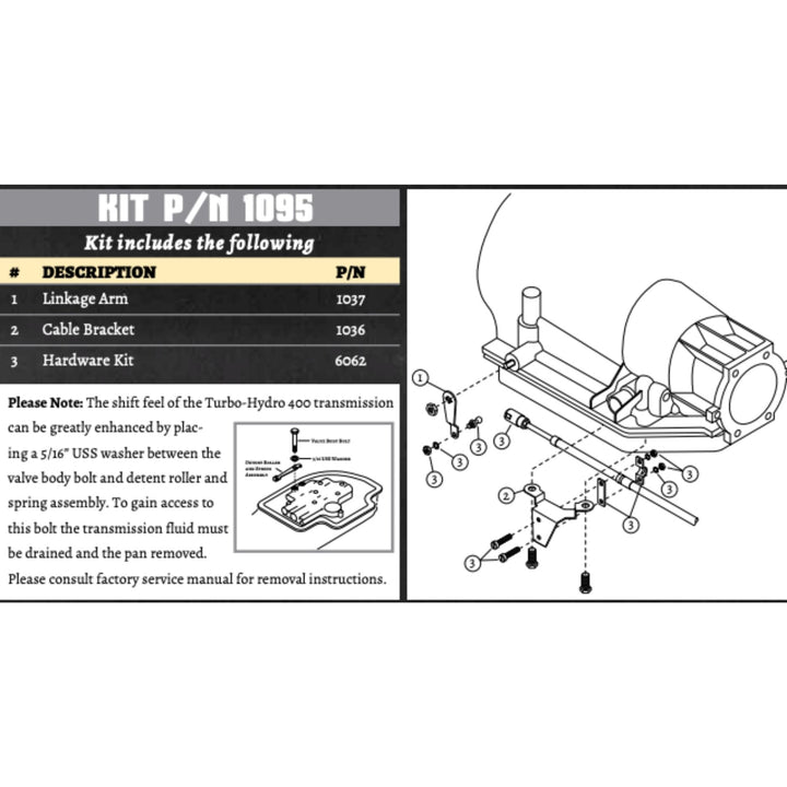 Technical parts list and assembly diagram for a Winters Shifter P/N 1095 linkage arm kit, showing included parts and a labeled exploded view of the hardware assembly.