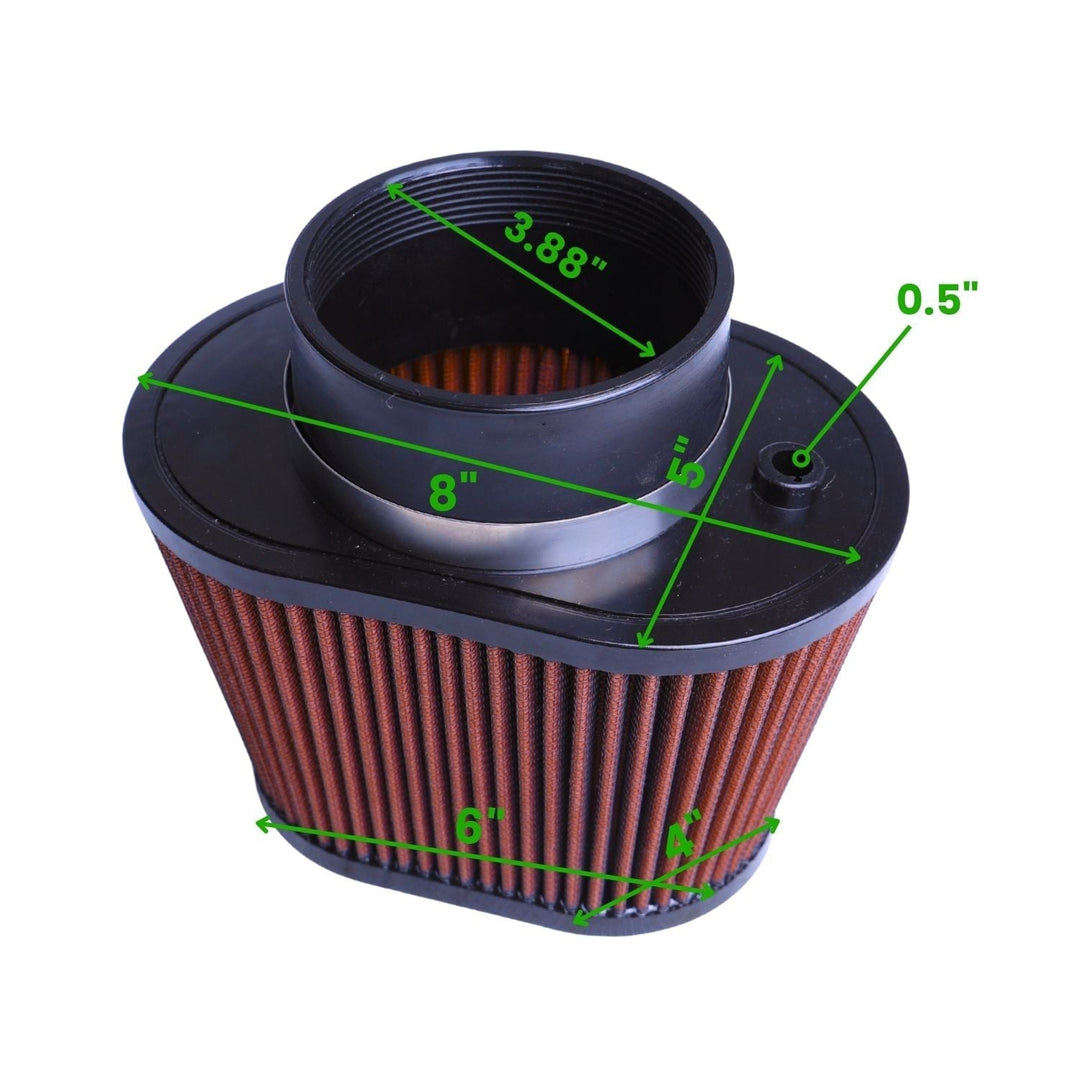 high flow oiled cotton air filter with dimensions marked on a white background