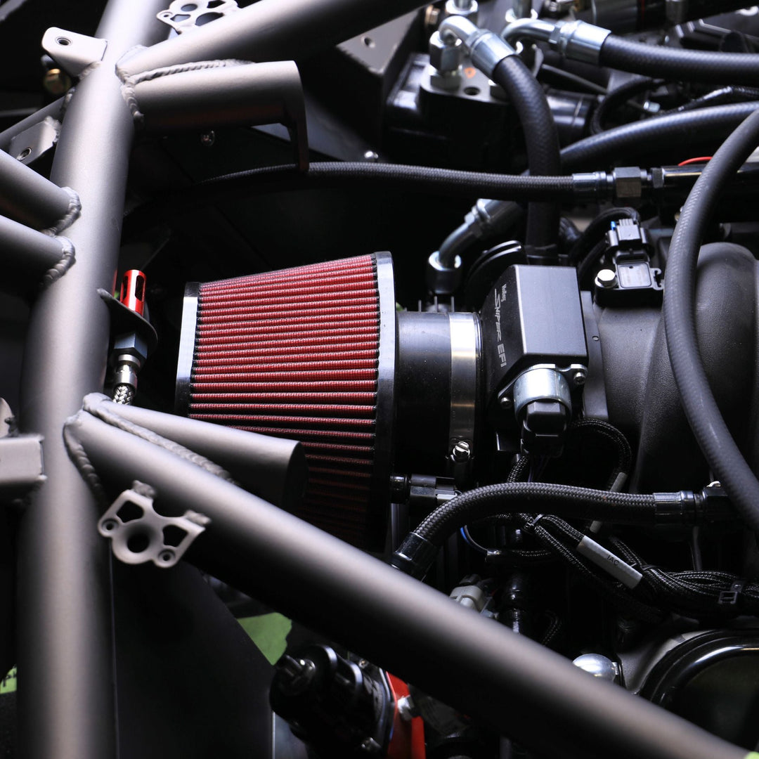 Close-up of engine with a reusable air intake filter with IAT port.