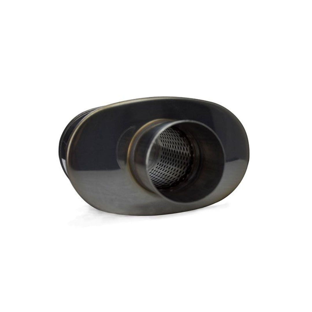 side view of a compact race muffler for custom fabrication on a white background