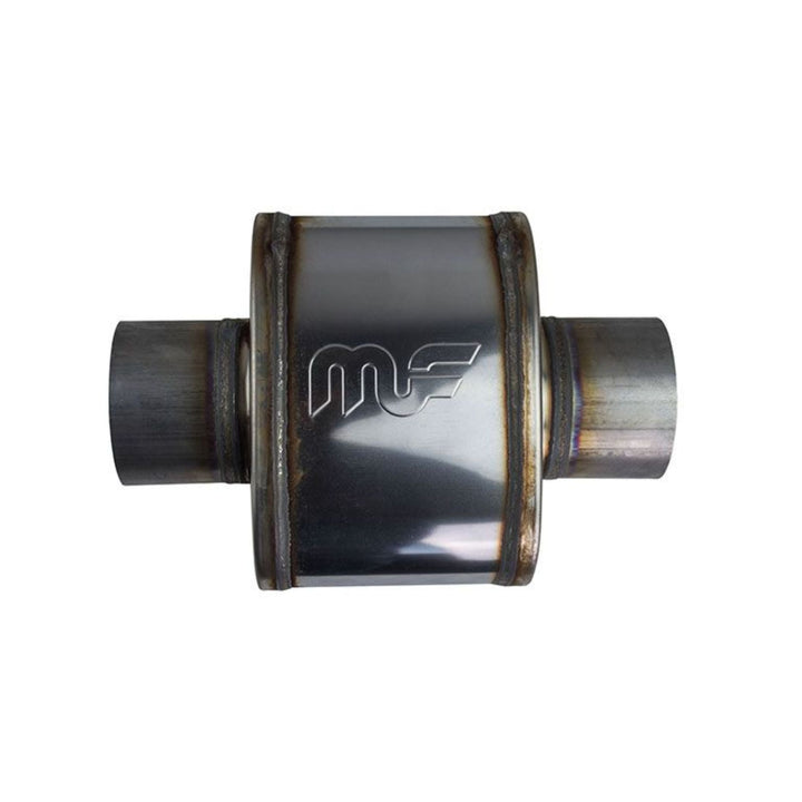 Stainless MagnaFlow 3.5 inch race exhaust muffler with a MF logo on a white background