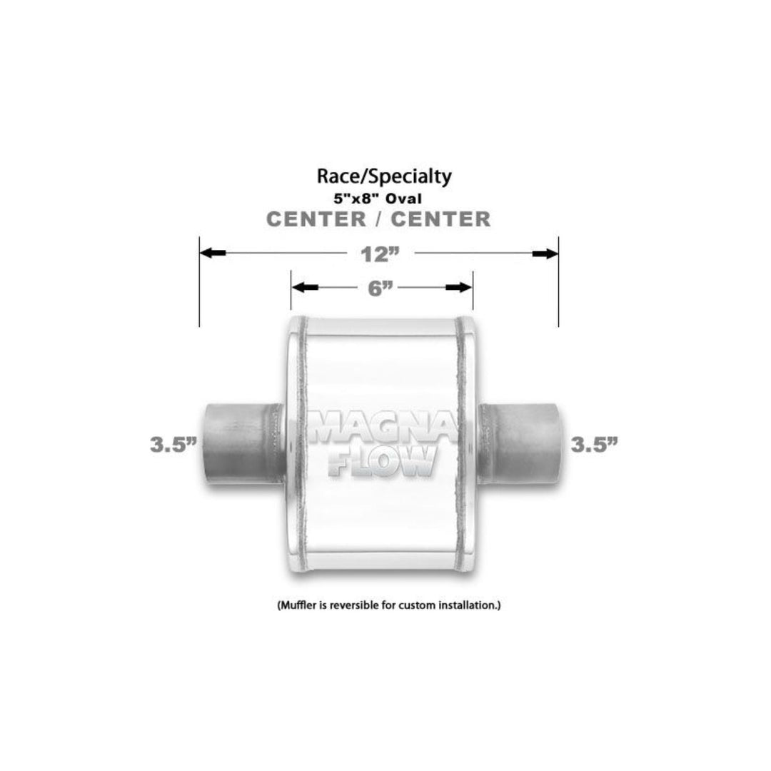 Magna Flow muffler with dimensions and specifications on a white background