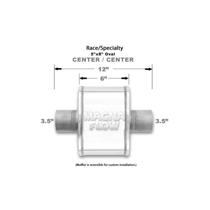 Magna Flow muffler with dimensions and specifications on a white background