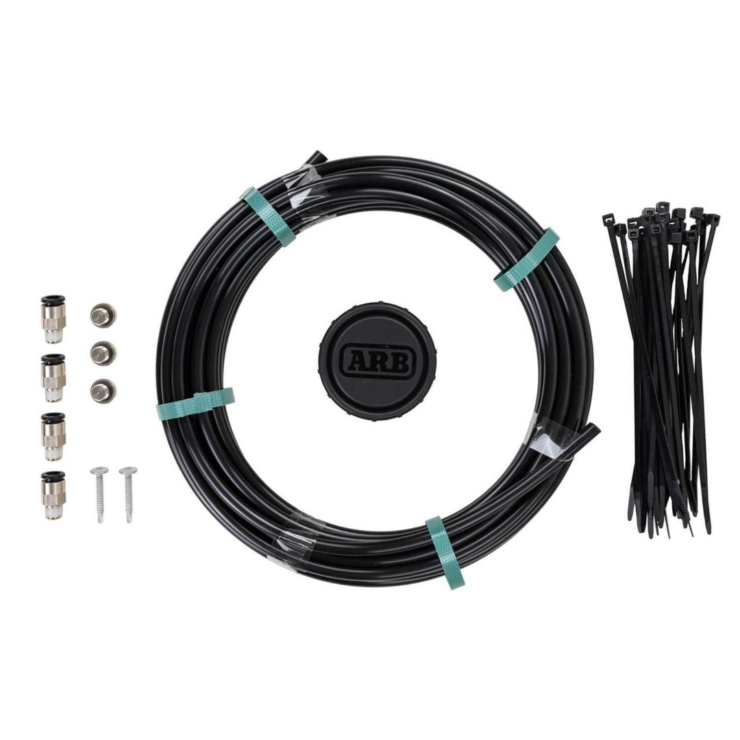 Black tubing kit with high flow 8mm axle breather upgrade and ARB logo on a white background