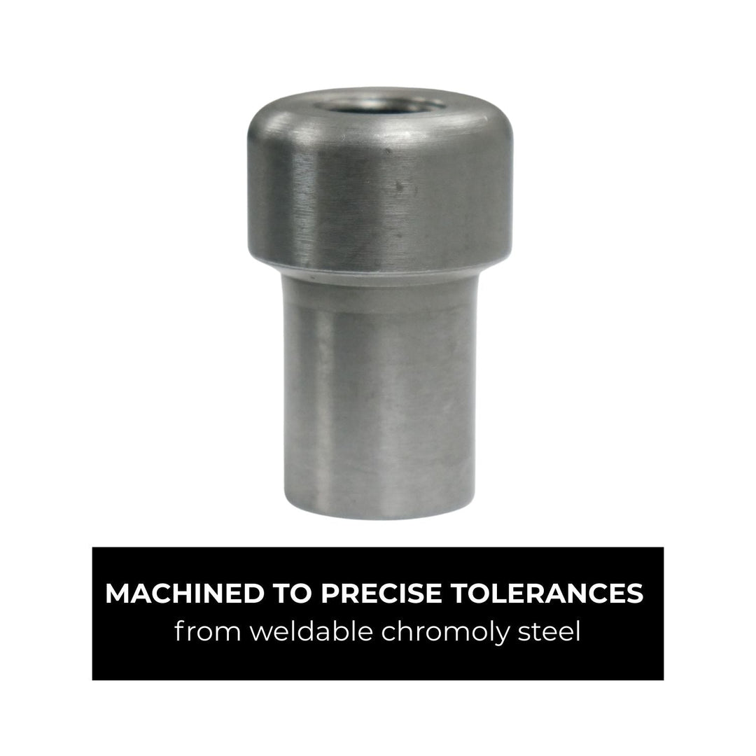 1/2 inch heim joint adapter machined to precise tolerances from weldable chromoly steel on a white background