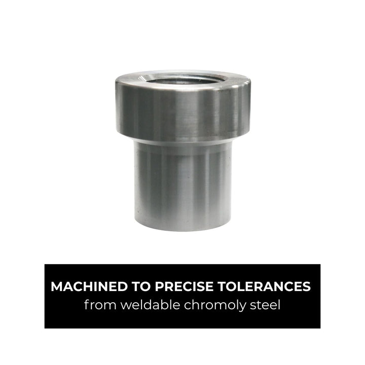 weld in tube adapter for heims machined to precise tolerances from weldable chromoly steel on a white background