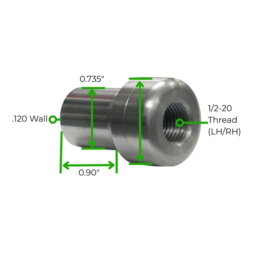 weld in tube bung 1 inch with dimensions labeled on a white background