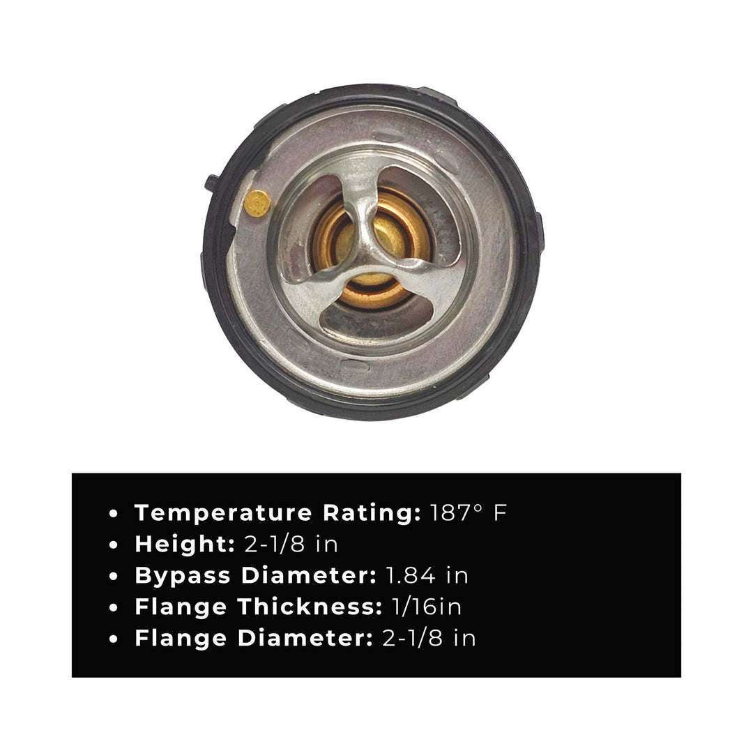 LS swap cooling system 187 degree thermostat with specifications on a white background