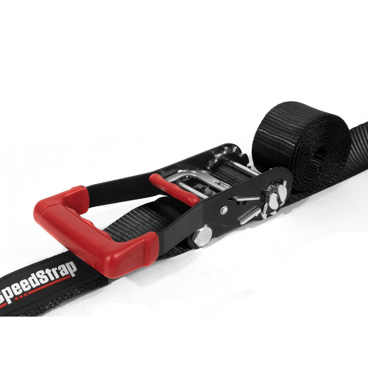 Black speed strap ratchet strap with red handle on a white background
