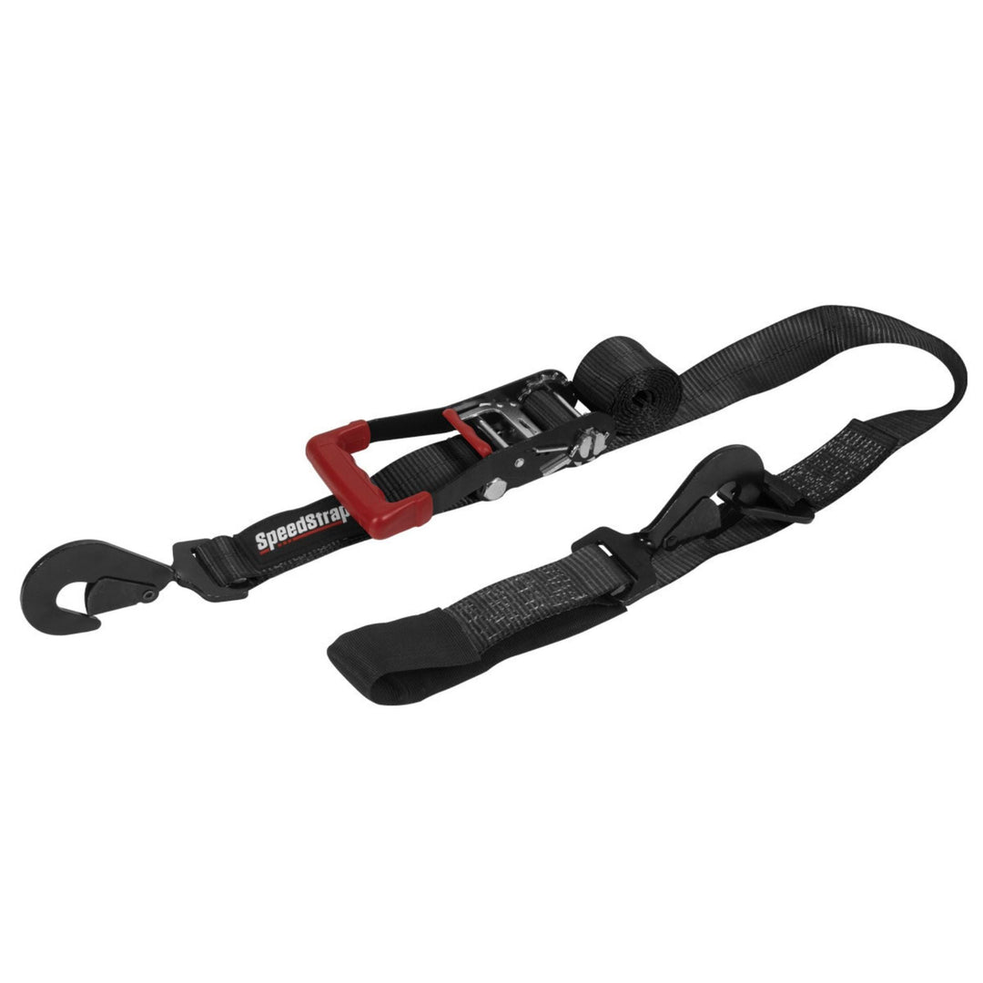 speed strap tie down with red buckle on a white background