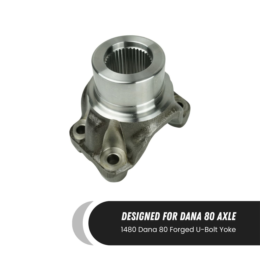 Off-road U-bolt yoke replacement with text indicating it is designed for Dana 80 axle on a white background