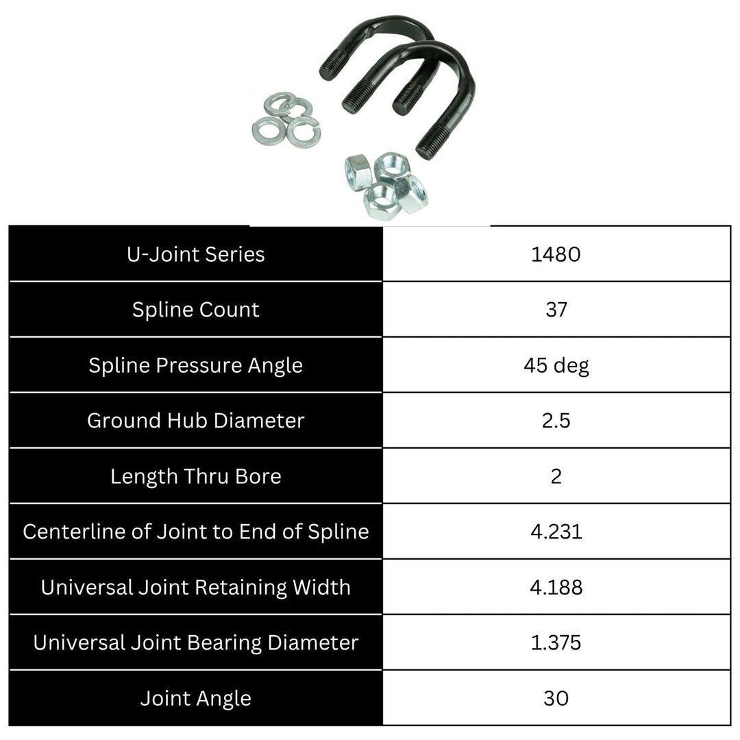 Technical specifications of off-road driveshaft U-bolt yoke with hardware on a white background