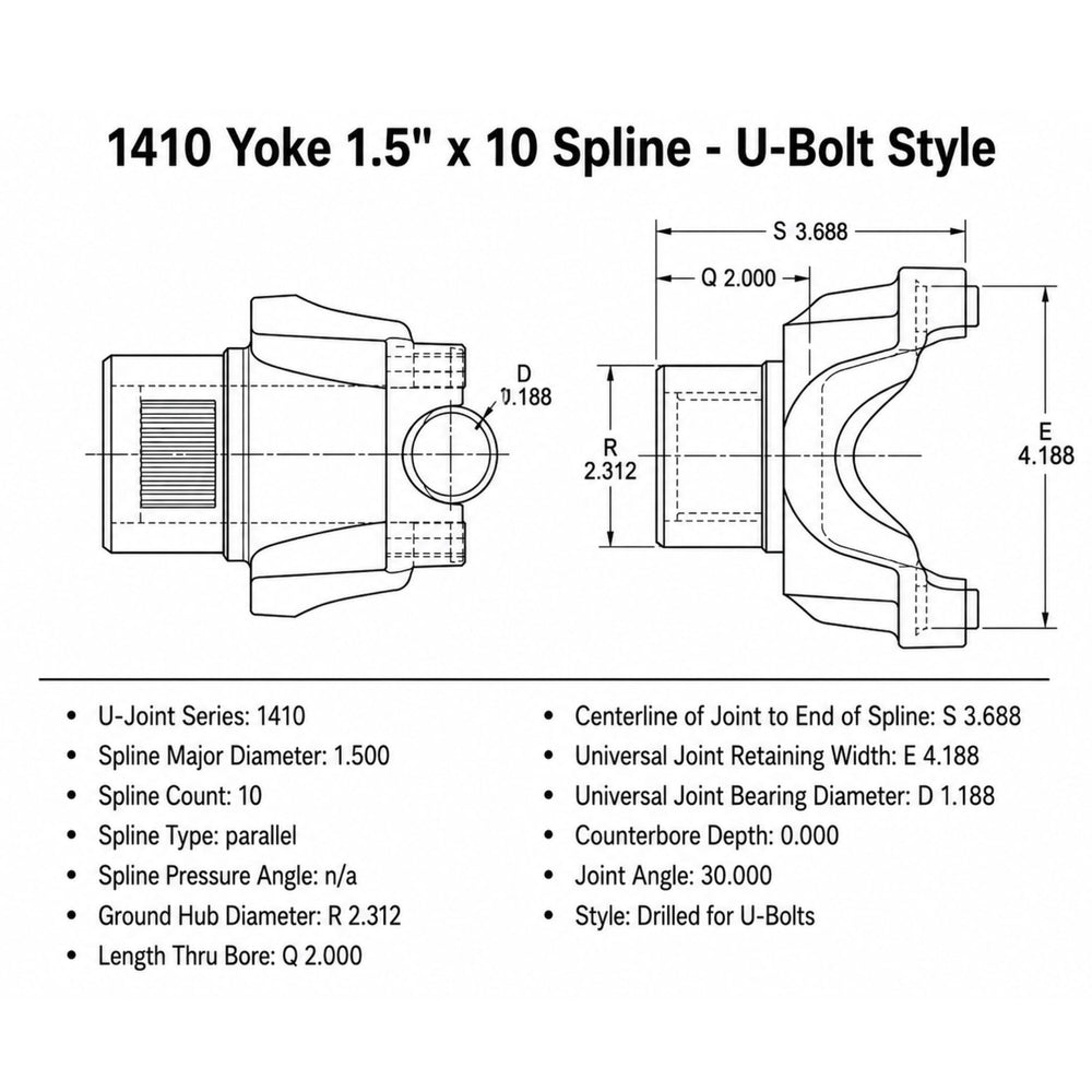 Technical drawing of a 1410 Yoke with dimensions and specifications on a white background