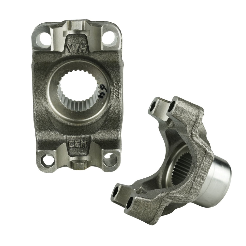 Two Dana 60 29 spline forged yoke on a white background