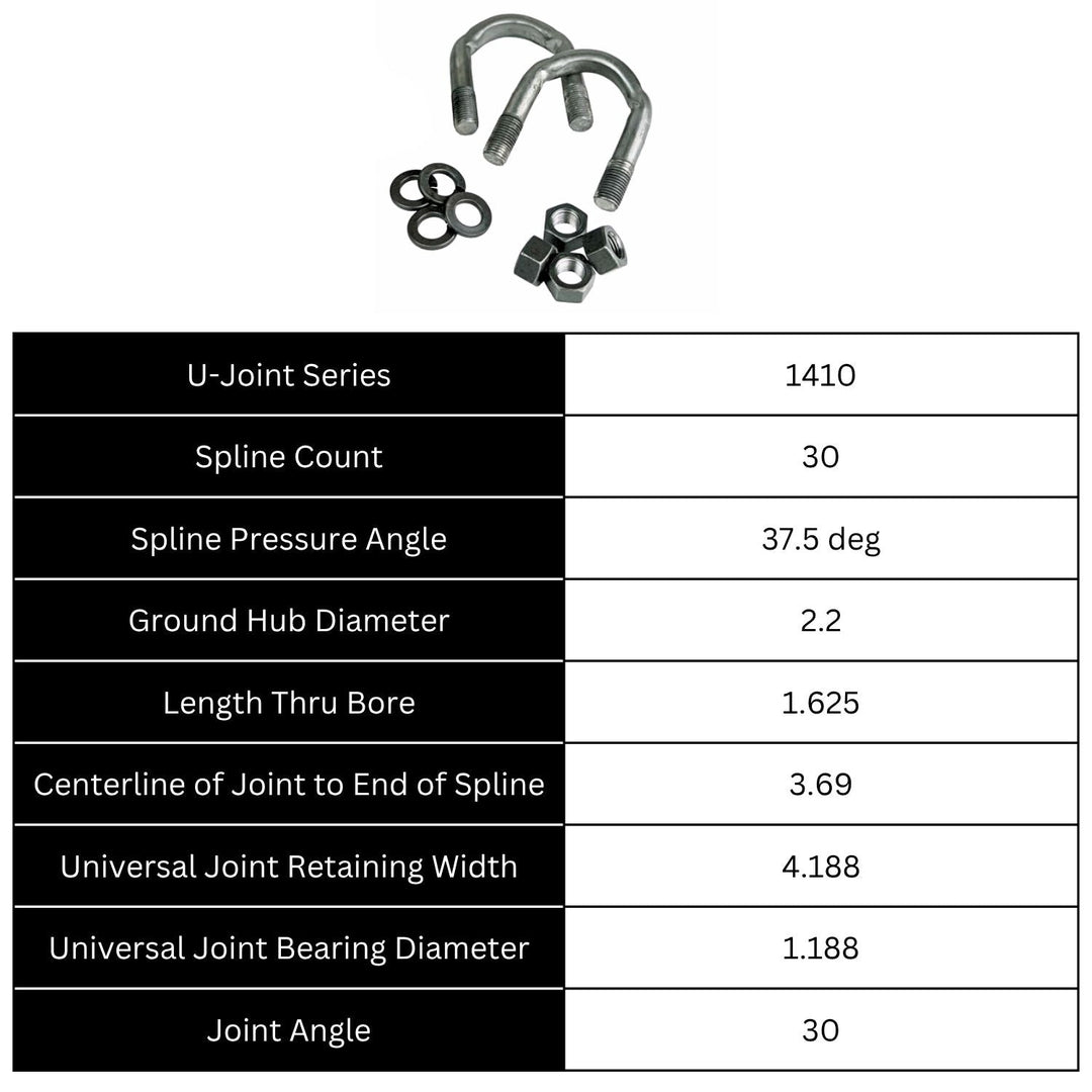Technical specifications of heavy-duty GM 14 bolt yoke with dimensions listed on a white background.