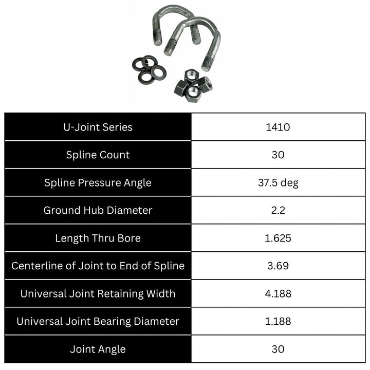 Technical specifications of heavy-duty GM 14 bolt yoke with dimensions listed on a white background.