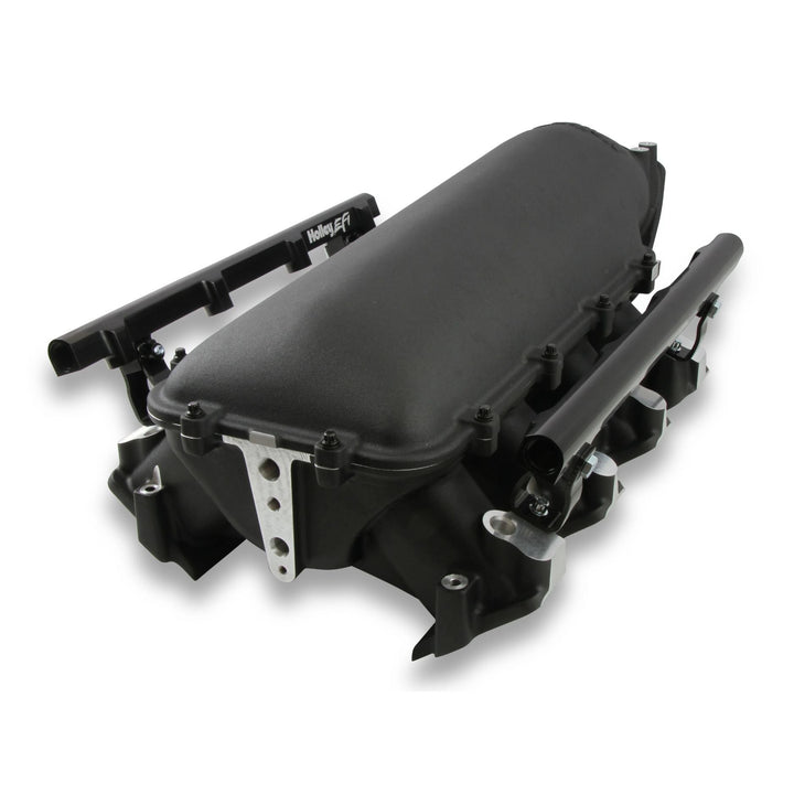 A black black Holley Lo-Ram manifold single injector with mounting brackets and silver bolts, photographed on a clean white background.