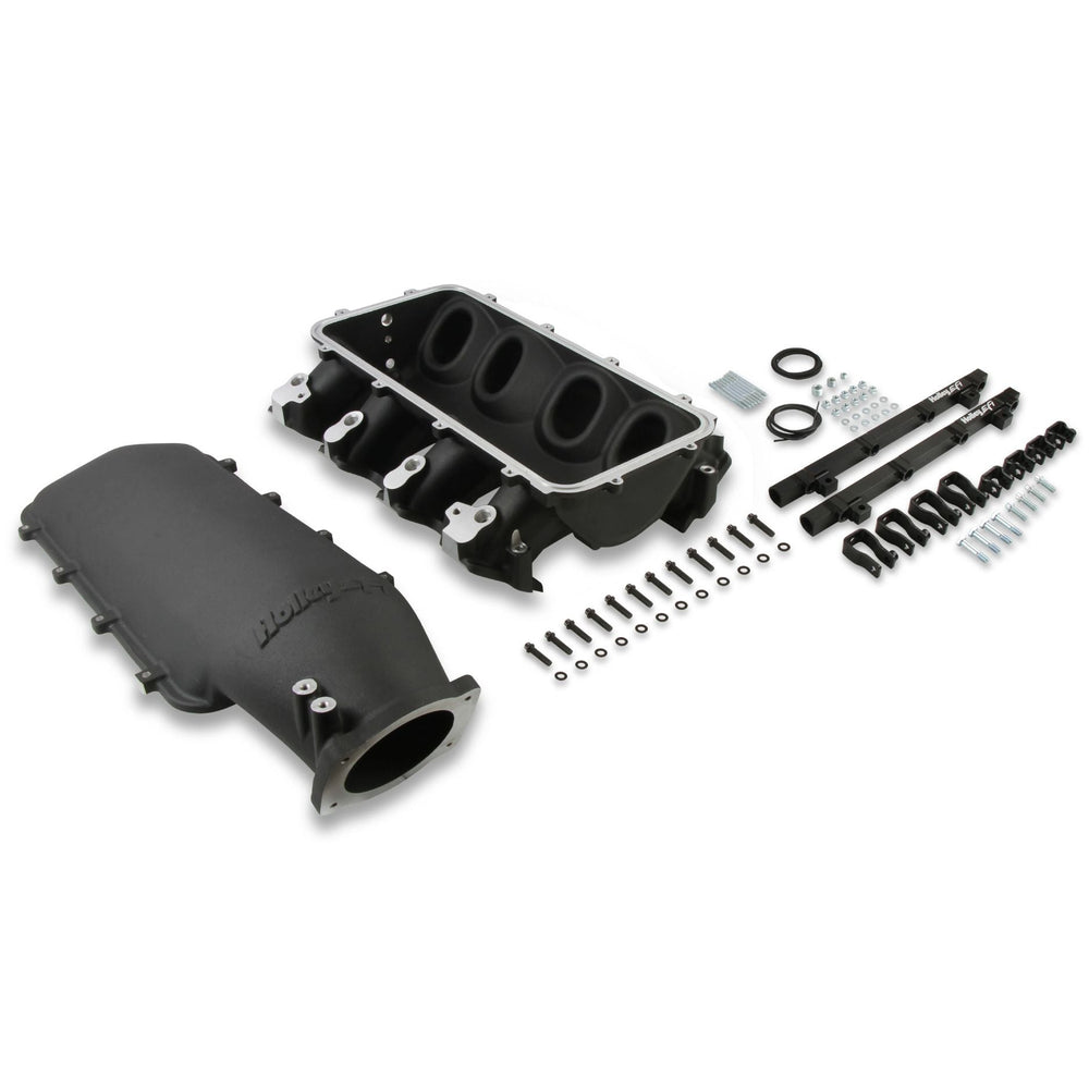low profile intake manifold for boosted LS and various bolts on a white background