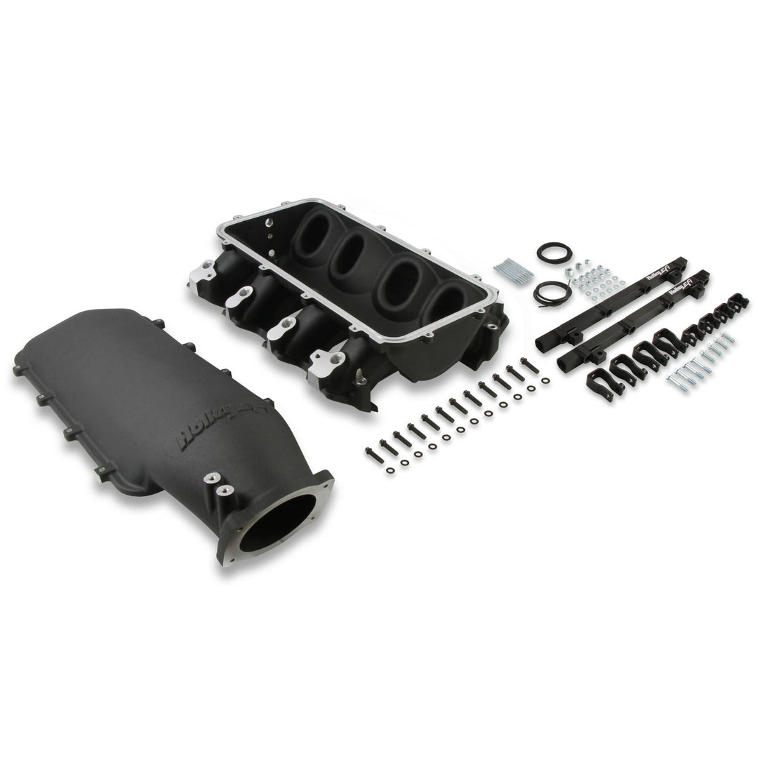 low profile intake manifold for boosted LS and various bolts on a white background