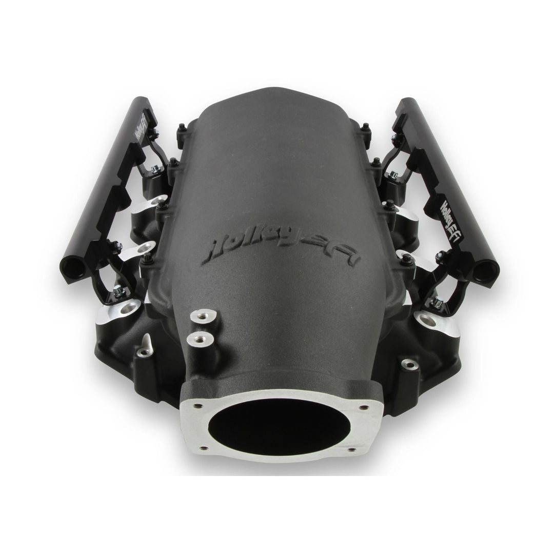 A black Holley Lo-Ram intake manifold for LS3 with a silver flange, featuring the 'Holley EFI' brand name embossed on the top, shown on a white background.