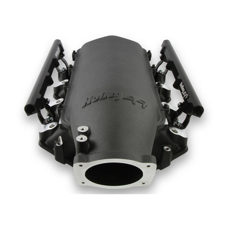 A black Holley Lo-Ram intake manifold for LS3 with a silver flange, featuring the &