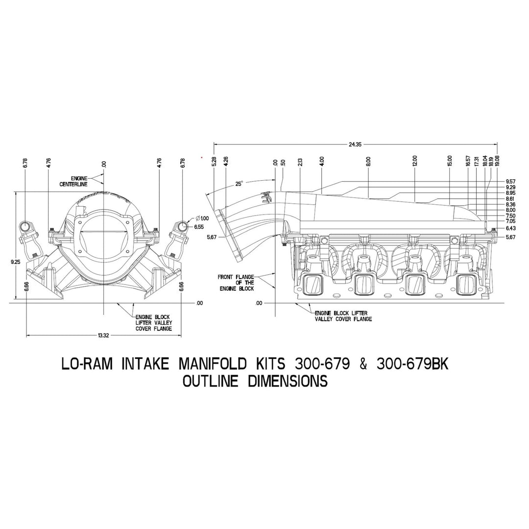 Technical line drawing and dimension diagram of an LO-RAM intake manifold kit, showing front and side outline measurements with labeled parts on a white background.