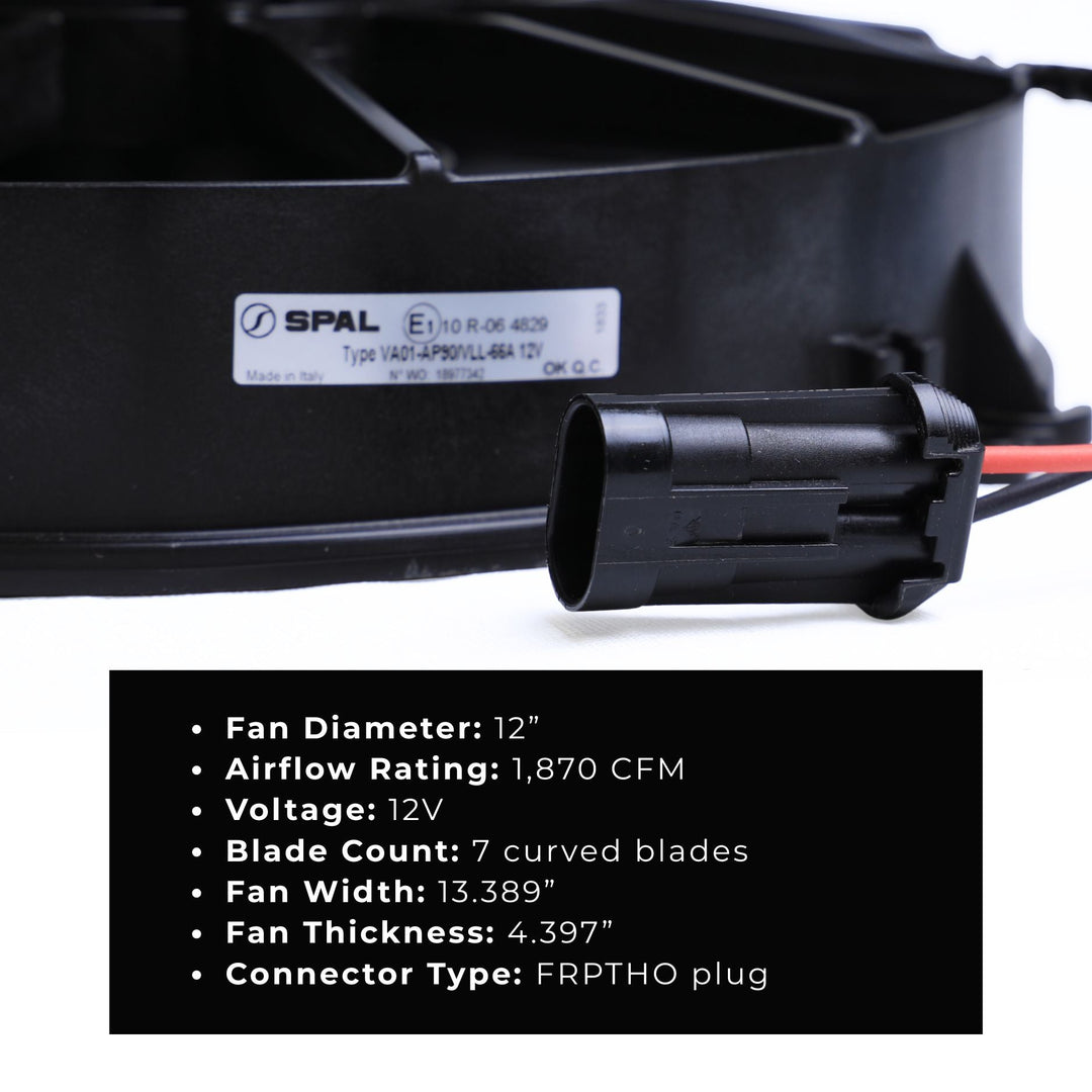 spal 12 inch high performance radiator fan for off road vehicles with connector and SPAL branding on a white background