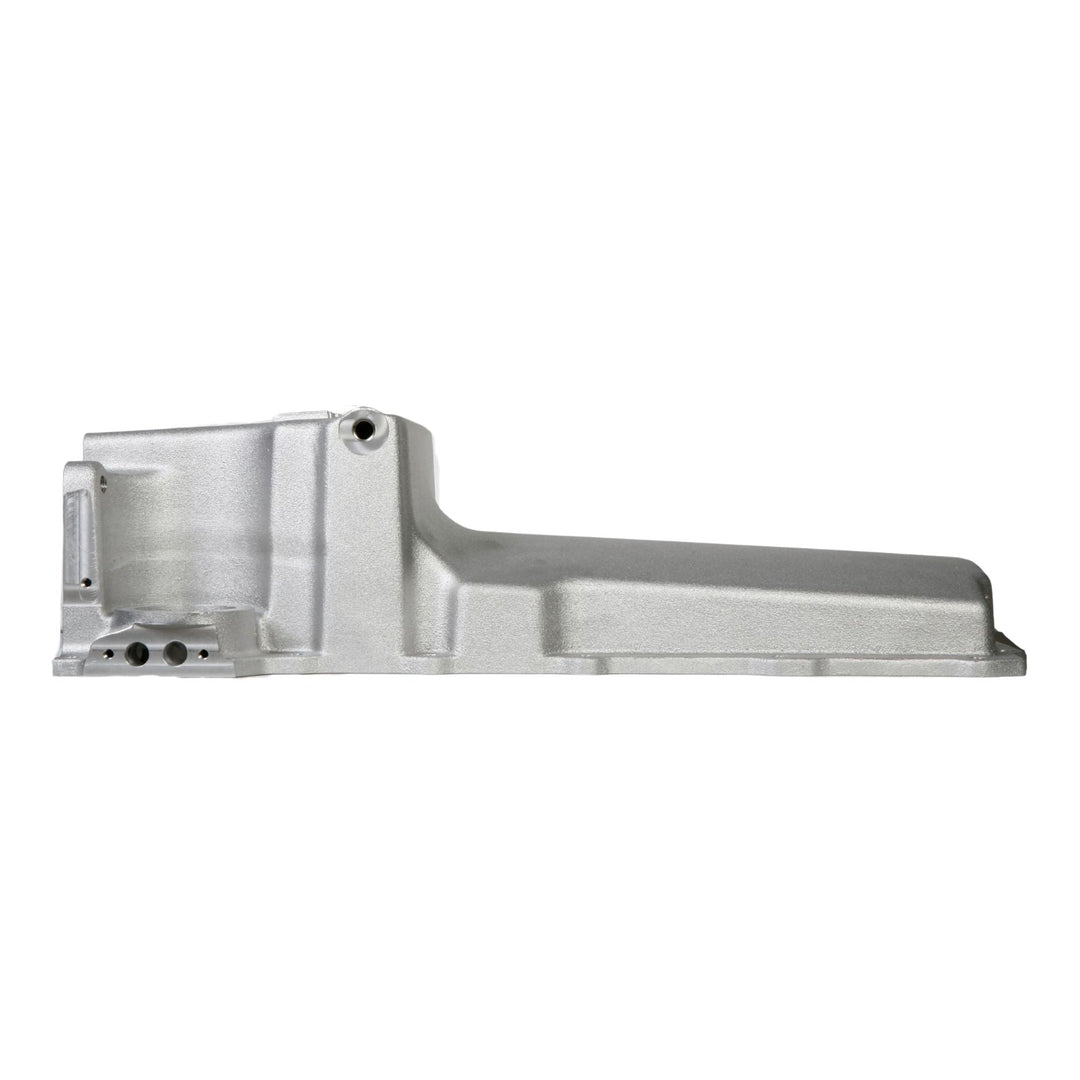 A silver GM LS swap oil pan for classic car, shown from a side profile view against a plain white background.