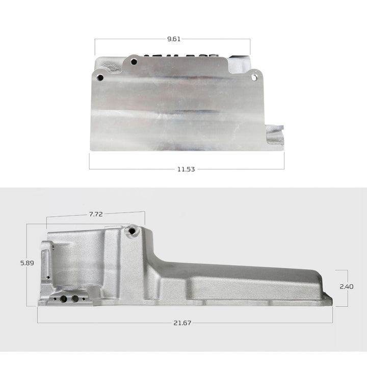 Technical dimension diagram of a cast aluminum oil pan for GM LS engine, showing top and side profile measurements with numeric labels on a white and light gray background.
