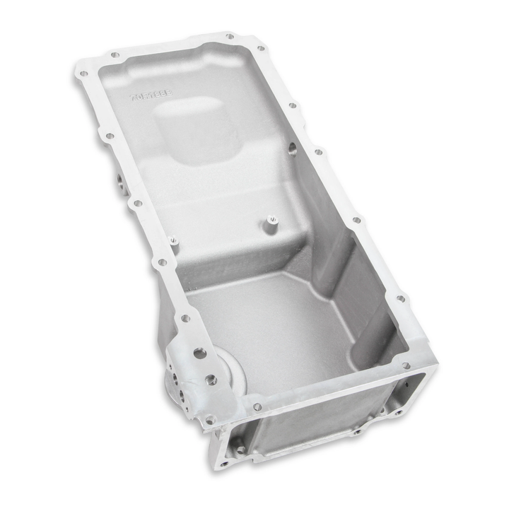 A cast aluminum Holley 302-3 LS swap oil pan casing with pre-drilled bolt holes, shown from an elevated perspective on a clean white background.