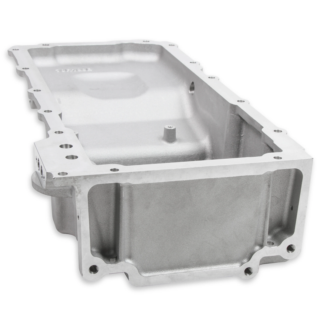 An aluminum LS oil pan for G Body swap with pre-drilled bolt holes and machined interior surfaces, shown on a plain white background.