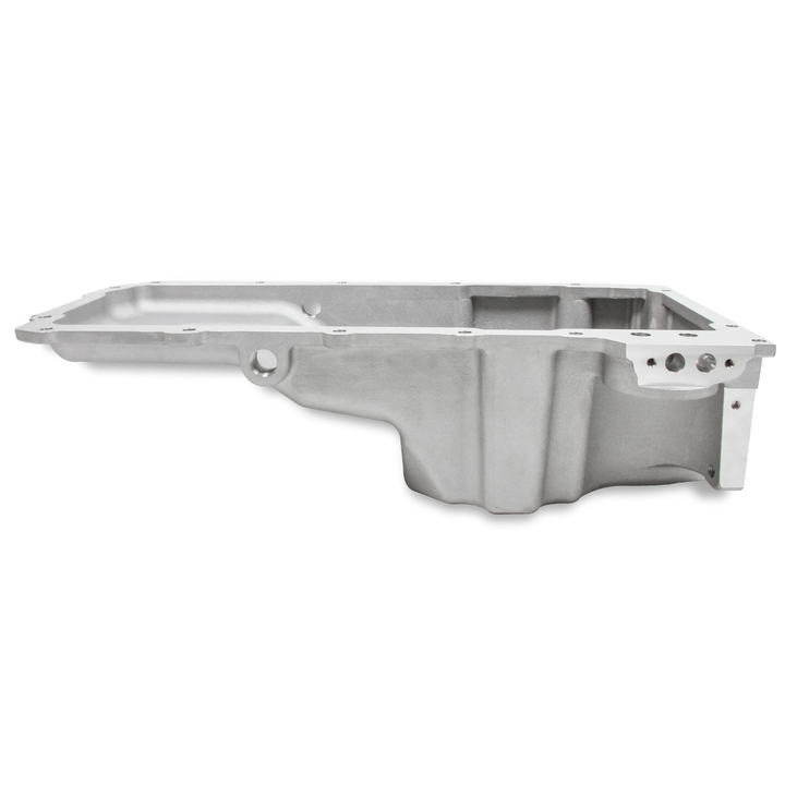 A silver Cast aluminum LS swap rear sump oil pan with a flat upper cover, shown from a side profile view against a plain white background.