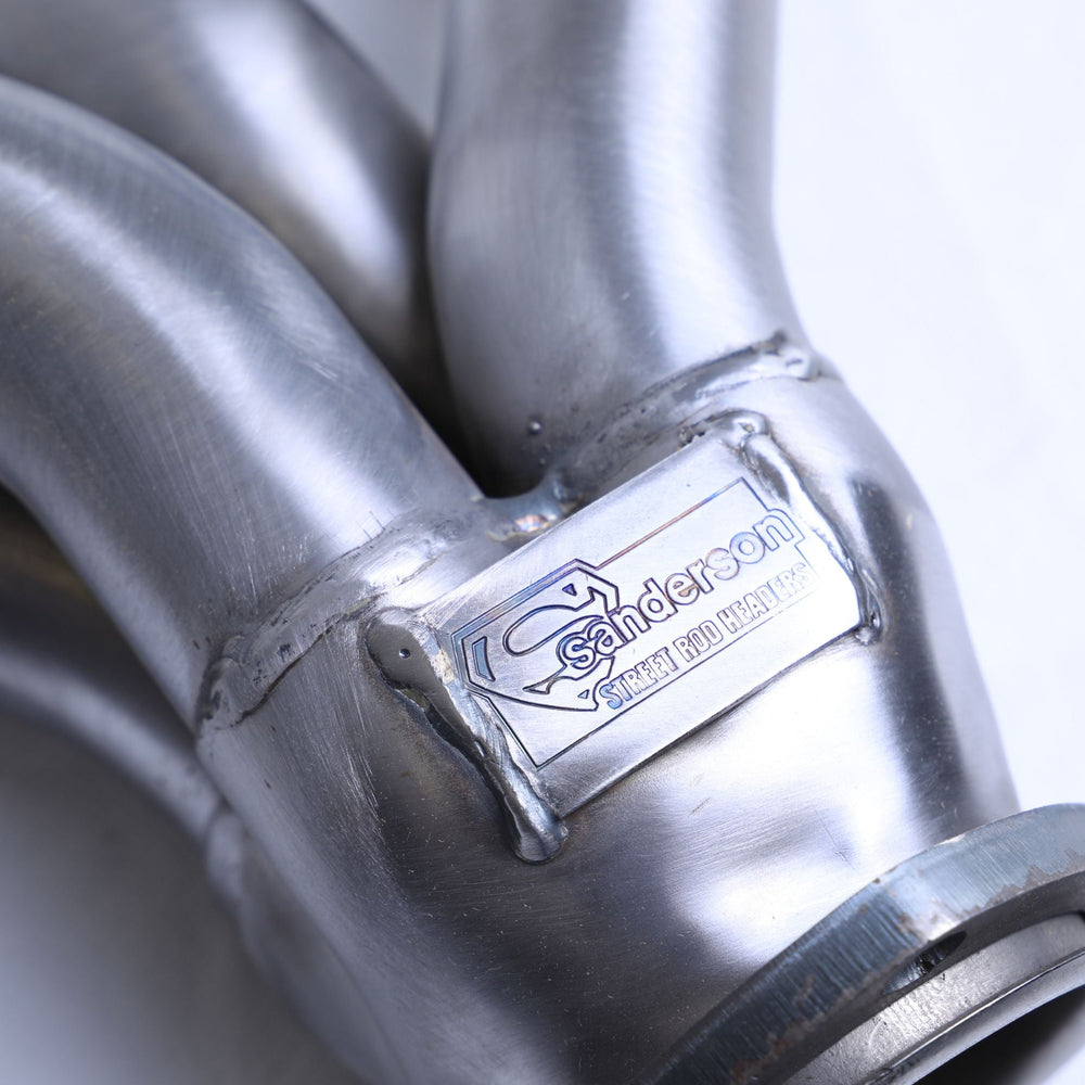 Close-up of a Sanderson BB1 raw steel BBC header with 'Sanderson' branding.