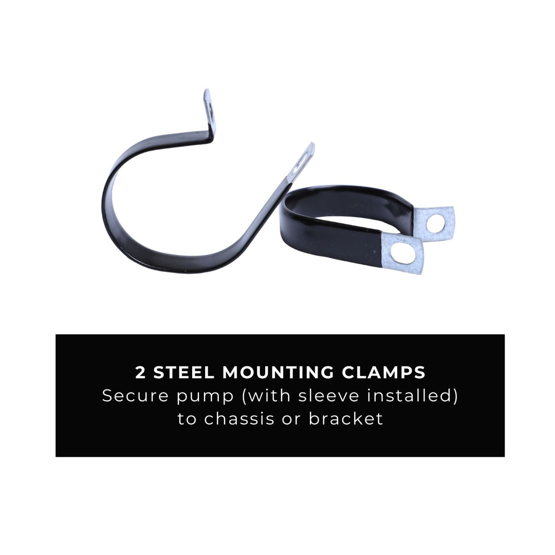 inline fuel pump mounting hardware clamps on a white background with text describing their use.