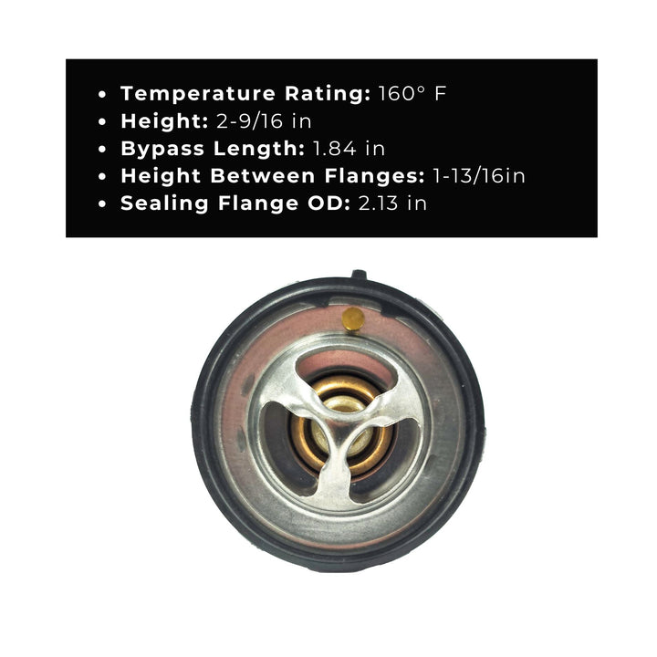 stainless steel automotive thermostat 160 degree with specifications on a white background