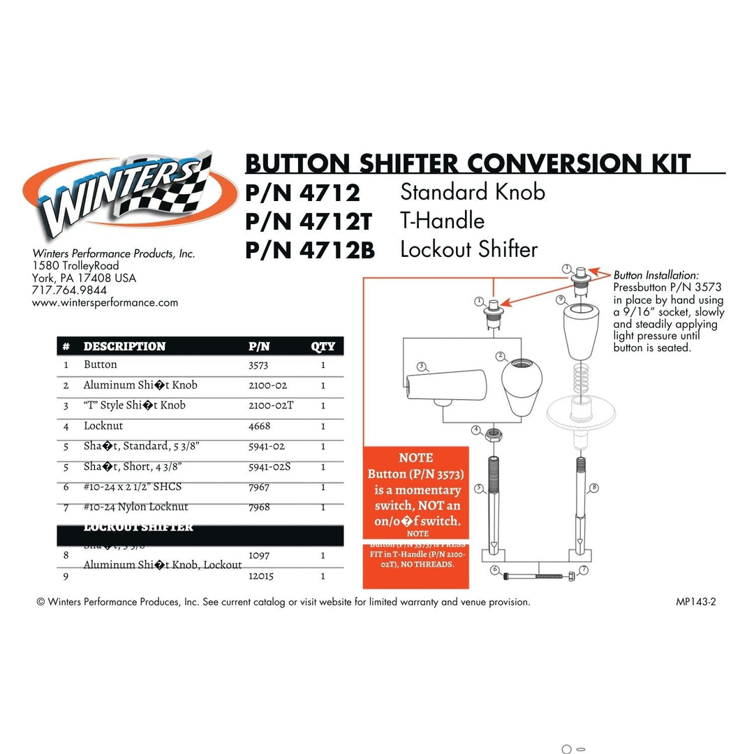 Winters Sidewinder Aluminum T-Handle Shifter with Button