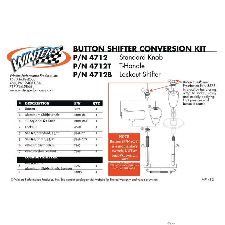 Winters Sidewinder Aluminum T-Handle Shifter with Button