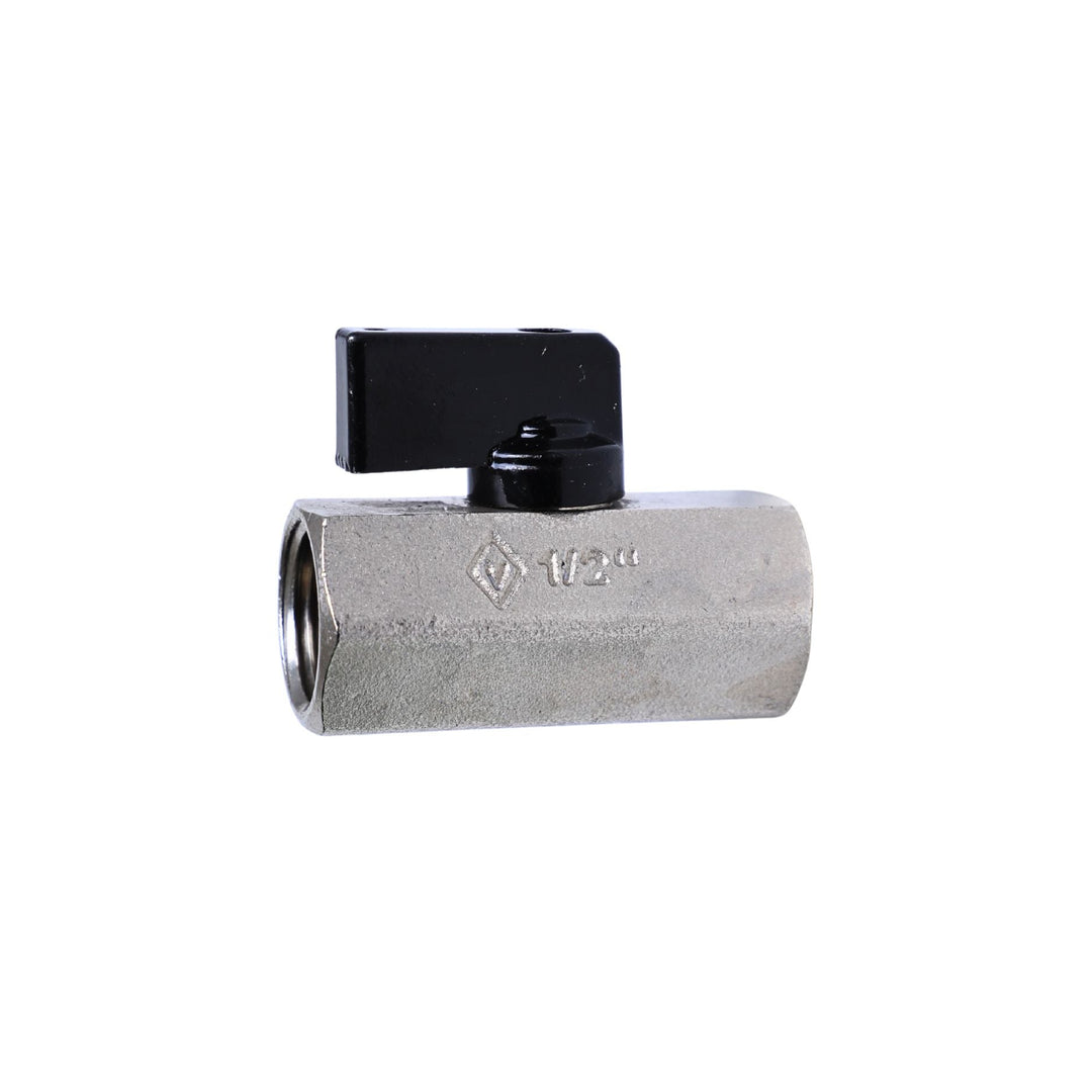 1/2 NPT fuel shutoff ball valve with black handle on a white background