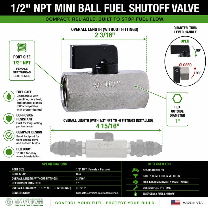 1/2" NPT Mini Ball Fuel Shutoff Valve
