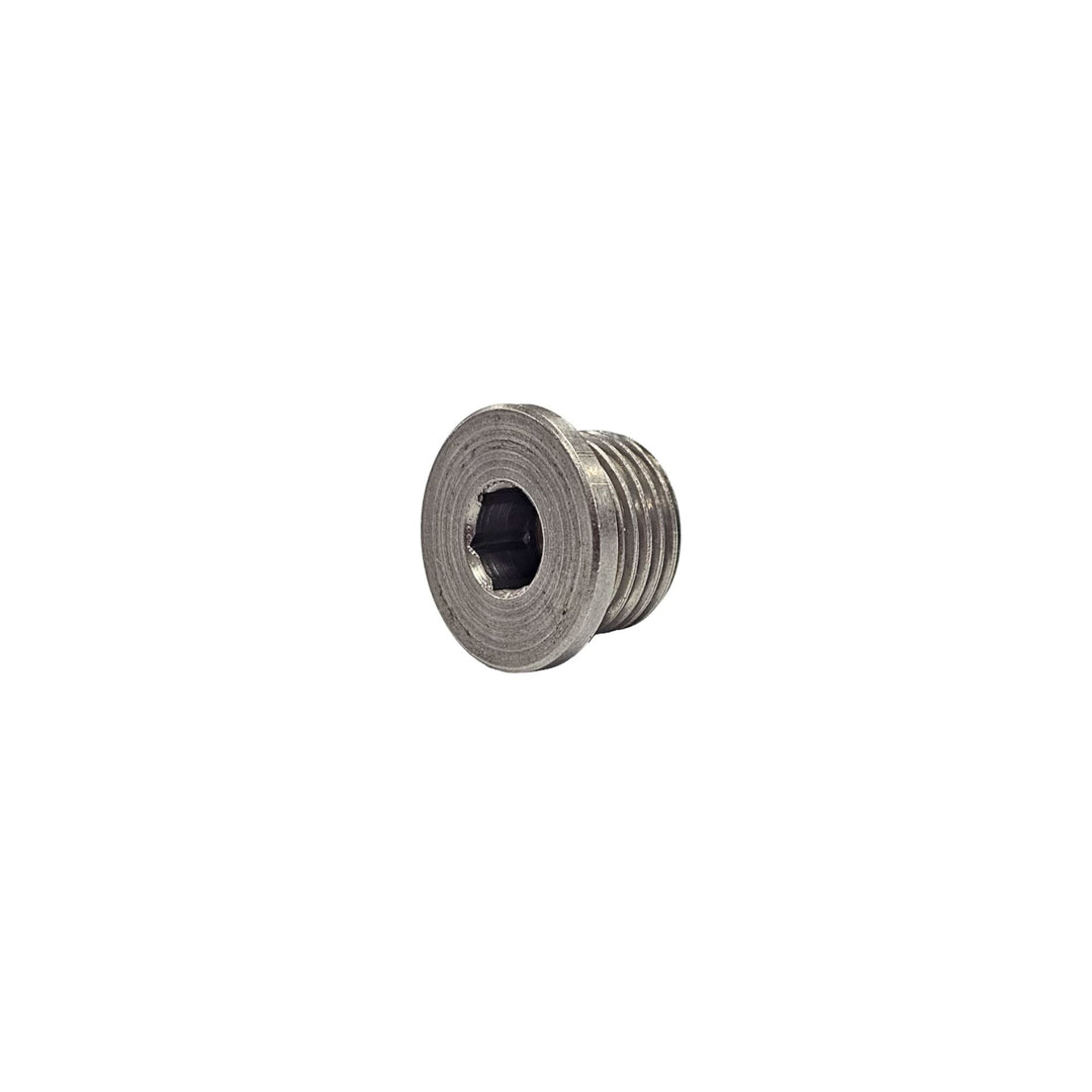 stainless O2 sensor bung plug M18 x 1.5 on a white background